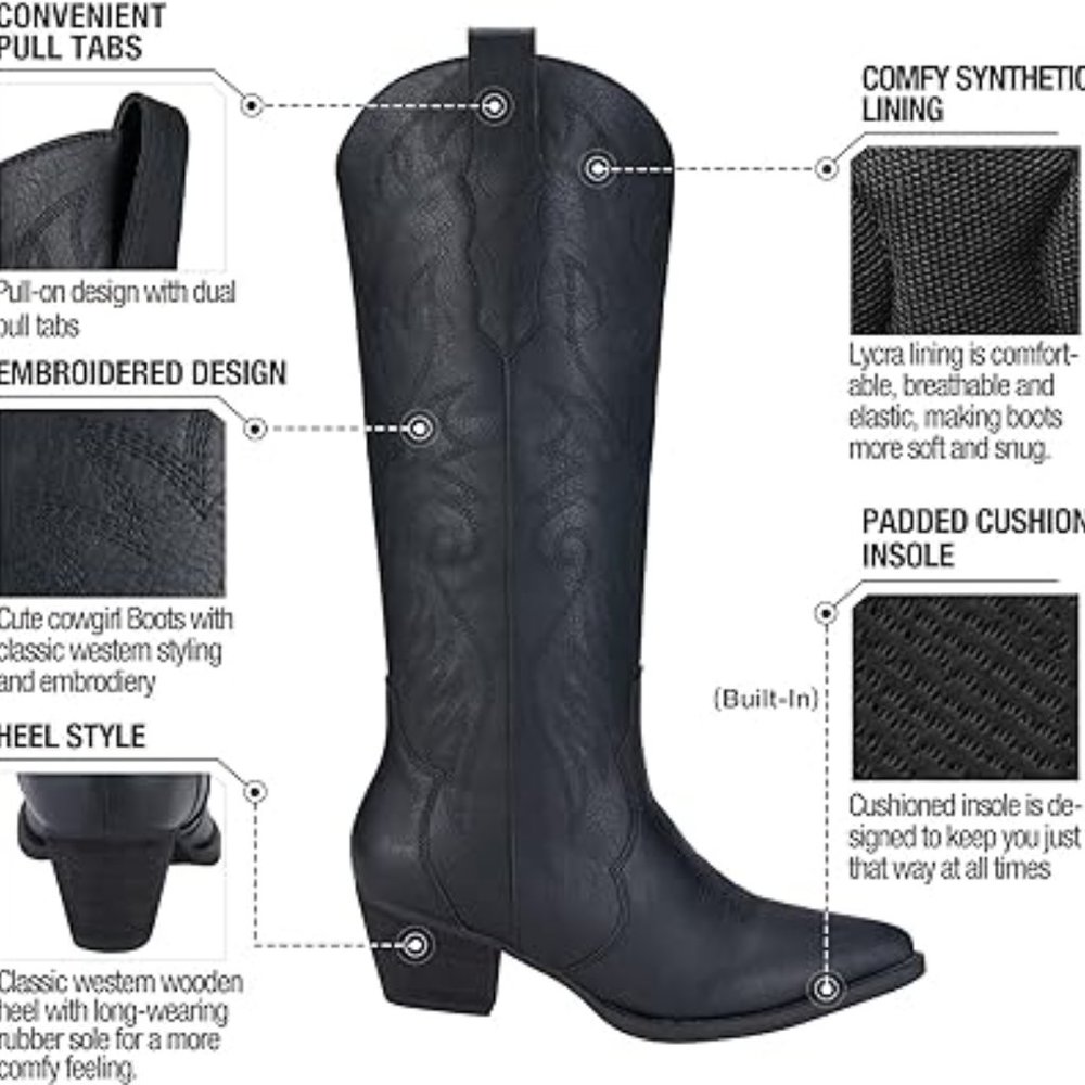 Black Cowboy Boots for Women Embroidered Cowgirl Boots Knee-High Western Boots - Picture 6 of 6